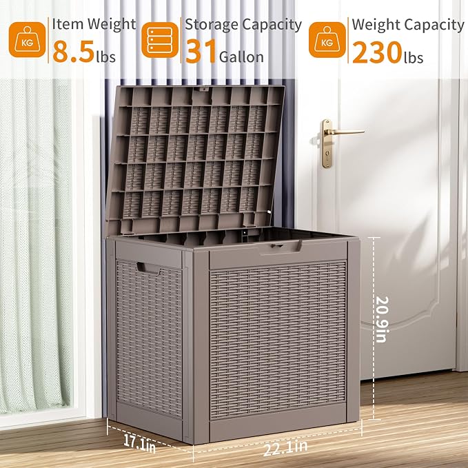Deck Box Large Outdoor Storage for Patio Furniture,Outdoor Cushions,Garden Tools and Pool Supplies,Waterproof,Resin,Lockable (Grey, 31 Gallon)