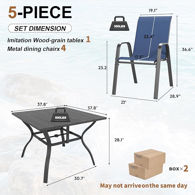 Outdoor Dining Set for 4, Patio Metal Table and Chairs Set with 1.97'' Umbrella Hole, 5pcs Patio Furniture Set 37.8”x37.8” Dining Table Set with Stackable Chairs for Backyard Pool Deck
