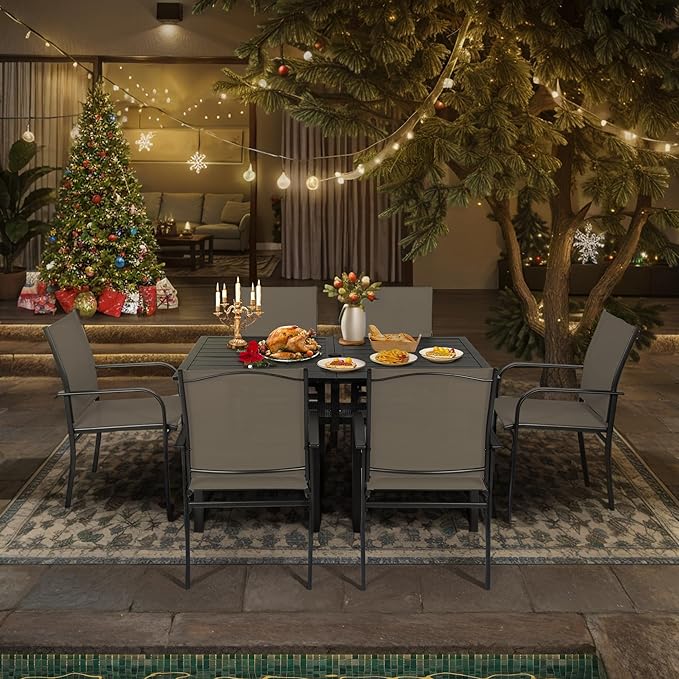 Crownland 7 Piece Patio Dining Set, Outdoor Textilene Dining Sets, 6 Textilene Metal Chairs and Rectangular Outdoor Dining Table with 1.57" Umbrella Hole (Brown)