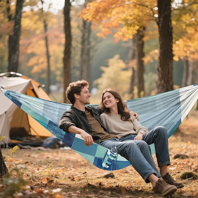 Square Geometric Plaid Stripe Embroidery Robin Blue 330lb Capacity Hammocks for Camping with Tree Straps Rope Hammock for Indoor Outdoor Patio Bases para hamacas para adultos