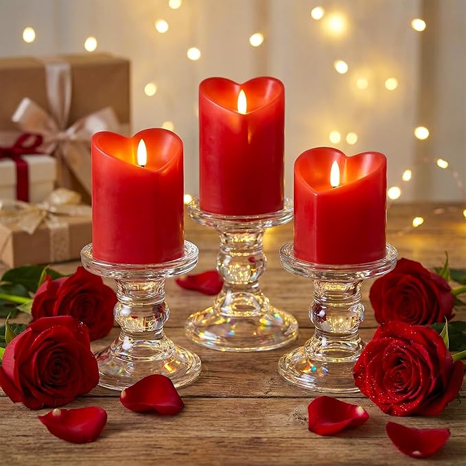 Valentines Day Flameless Candles with Remote, Heart Shaped Candles Battery Operated 3 Pack Red LED Pillar Candles for Wedding Proposal Anniversary Romantic Night