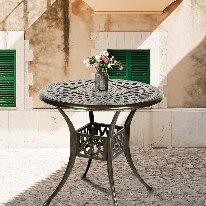 31 Inch Outdoor Dining Table Round Patio Bistro Table Bronze Cast Aluminum Rustic Large Table with Umbrella Hole