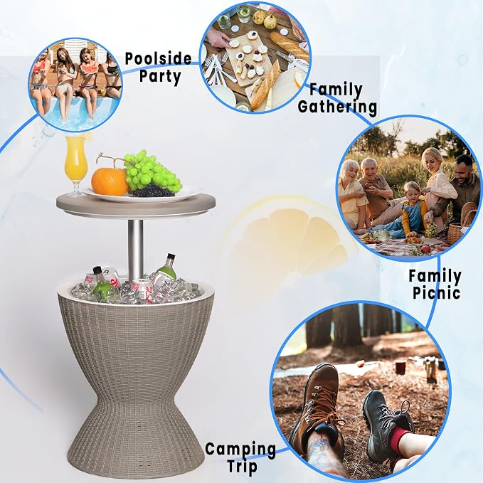 EasyUp Outdoor Cooler Bar Table – 8 Gallon Outdoor Patio Cooler Table with Drain Plug, Adjustable Height Rattan-Style Resin Cool Bar for Poolside, Deck, BBQ & Parties (Grey)