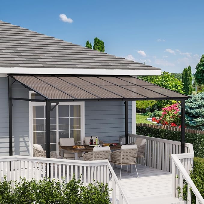 10x12 Ft Outdoor Lean to Gazebo, Wall Mounted Patio Hardtop Gazebo Pergola with Polycarbonate Roof, Upgraded Steel Frame Hardtop Pavilion for Patio, Garden, Lawn, Deck