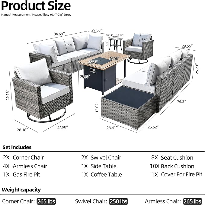 11 Piece Outdoor Patio Furniture Set with 46" Fire Pit Table, Wicker Sectional Conversation Set Whit Swivel Chairs,Modern Outside Sofa for Balcony Backyard(Gray)