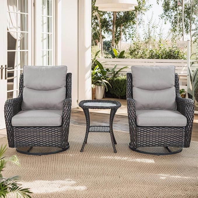 Patio Swivel Chairs with Smile-Shaped Cushions, 3 Piece High Back Patio Swivel Glider Chairs with Side Table 3PCS PE Rattan Luxury Patio Conversation Set Brown Wicker | Beige Cushions