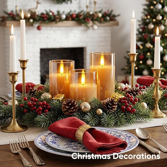 5plots Glass Battery Operated Gold Flameless Candles with Remote Timer, 3D Wick Real Wax Pillar Led Candles Warm Flickering Light for Indoor Home, Halloween, Christmas Decor, Set of 3, D3 x H4 5" 6"