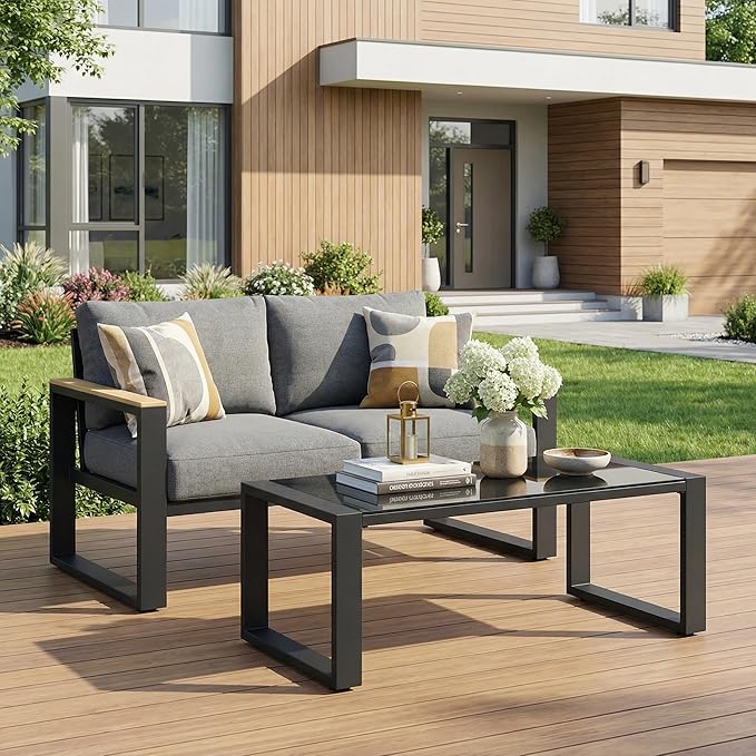 RoyalCraft Aluminum Outdoor Patio Furniture Set with Height-Adjustable Footrest, 2 Pieces All-Weather Patio Sofa Sets with Coffee Table for Porch Backyard Garden Patio, Grey
