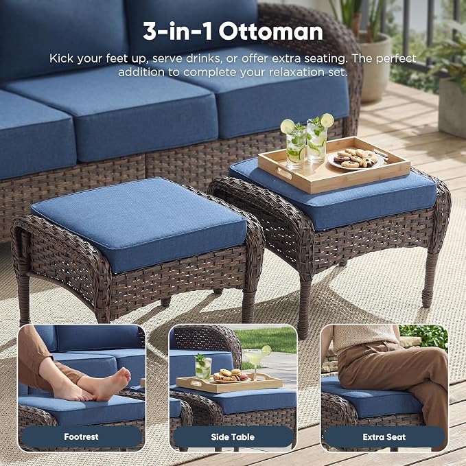 HUMMUH 5-Piece Patio Furniture Set with Upgraded 6" Thick Cushion - High Back Outdoor Swivel Rocker Chairs with 3-Seater Sofa,Ottomans,Wicker Outdoor Conversation Set for Deck,Porch,Yard,Poolside