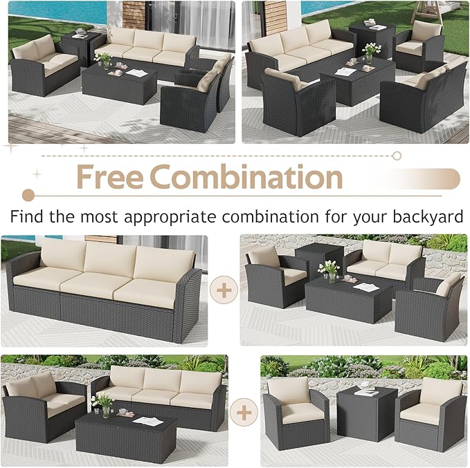 AECOJOY 7 Pieces Patio Furniture Set with Two Storage Boxes&Patio Set Cover, Outdoor Rattan Conversation Set,All-Weather PE Wicker Sectional Sofa Outdoor Furniture, Black Rattan& Beige Cushions