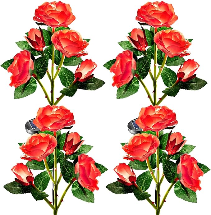 Anordsem Solar Garden Lights Outdoor: 20 Waterproof Fabric Roses 4 Pack - Red LED Flower Decorations for Yard Patio Path Cemetery Grave - Birthday Gifts for Women Mom Wife