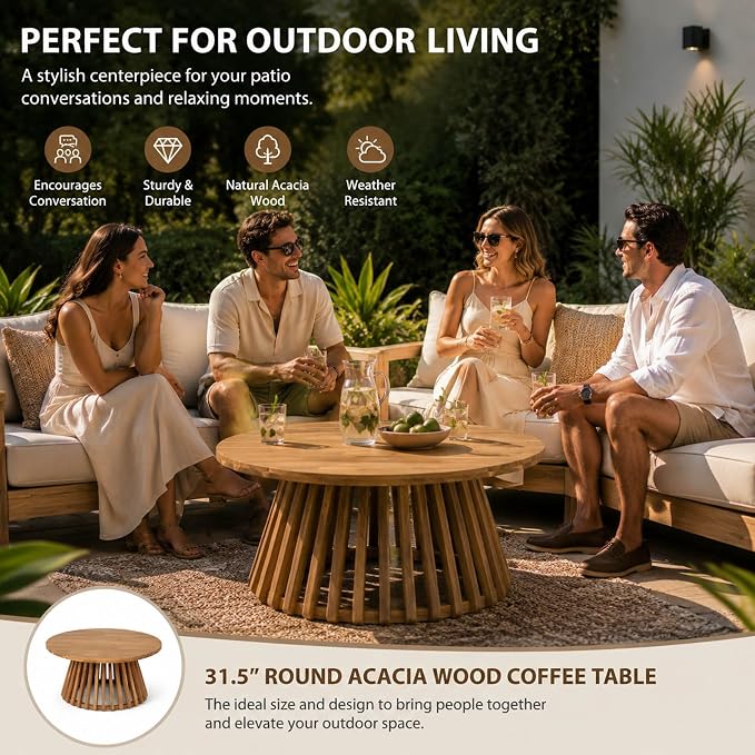 Round Outdoor Coffee Table for Patio, 31.5 Inch Acacia Wood Side Table with Slatted Pedestal Base, Farmhouse Outside Coffee Table for Garden, Balcony, Poolside, Porch, Weather-Resistant, Light Teak