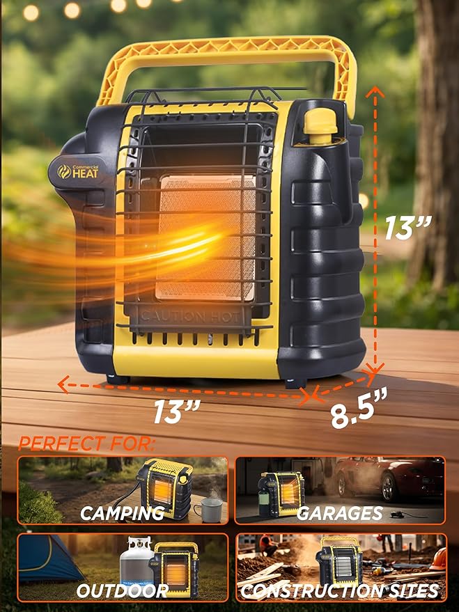9000 BTU Portable Propane Heater for Outdoor Use, Patio Heater for Up To 300 Sq. Ft., 2 Heat Settings, Swivel Regulator Connects to 1 lb. Propane Tank, CHP9000Y, Yellow