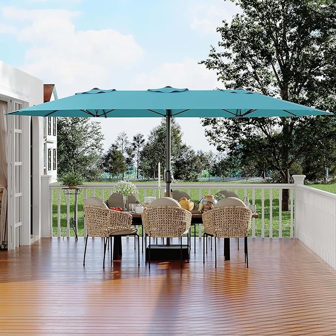 Garvee 15FT Rectangular Outdoor Umbrella Patio Umbrella with Base Included Large Market Umbrellas with Crank Handle UV Protection Table Umbrellas for Outdoor, Backyard, Deck, Poolside, Mist Blue