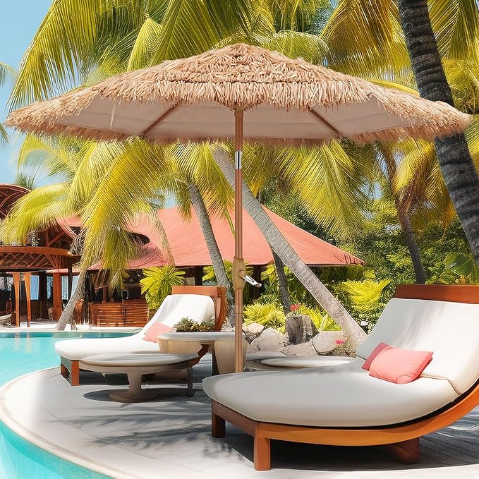 GDY 7.5ft Tiki Patio Umbrella Outdoor Table Umbrella(Optional with Light or Base), Market Umbrella,with Crank for Patio, Garden, Lawn, Deck, Backyard & Pool
