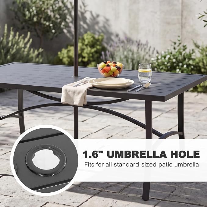 NUU GARDEN 7-Piece Patio Dining Set, Patio Table and Chairs Set Includes Rectangular Patio Table with Umbrella Hole, 6 Woven Rope Chairs with Beige Cushions, Outdoor Furniture Set, Blac