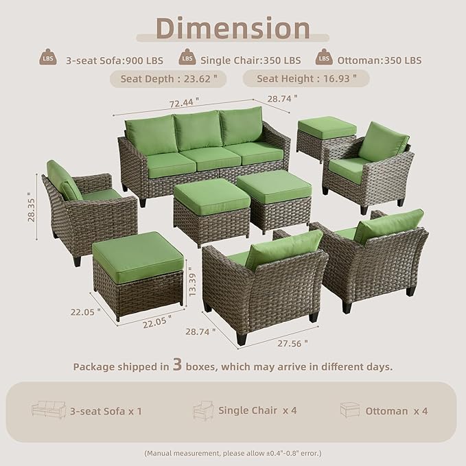 Patio Furniture Set, 7 Pieces Outdoor Wicker Rattan Sofa Couch with 4 Chairs, Ottomans and Comfy Cushions, All Weather High Back Conversation Set Garden Backyard, Brown Rattan Green Cushions