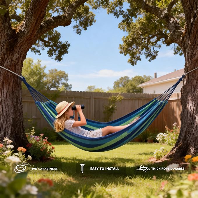 Outdoor Amacas Garden Camping Hammock Portable for Patio Yard Backyard | Cotton Canvas Hammock fabric Portable Carrying Bag stand Porch Para Patios outside 300 Lbs Maximum Weight Capacity Travel 