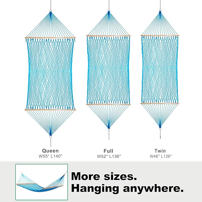 12ft Family Hammocks, Handwoven Traditional Cotton Rope Hammock with Hardwood Spreader Bar, Chains and Hooks for Indoor Outdoor, Max 450 lbs Capacity(Lake Aqua, Large)