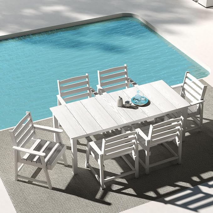 7-Piece Outdoor Dining Set with 75.2" Table for 6,White | HDPE material, umbrella hole design, weather-resistant furniture, perfect for garden, lawn, poolside, yard, balcony, deck