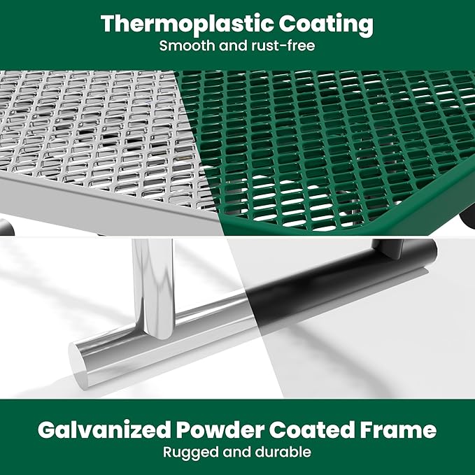 6FT Metal Picnic Tables for Outdoors, Commercial Rectangular Picnic Table for Outside, Park, Campfield, Patio, Garden, Yard, Thermoplastic Coating, Surface Mounted, Green