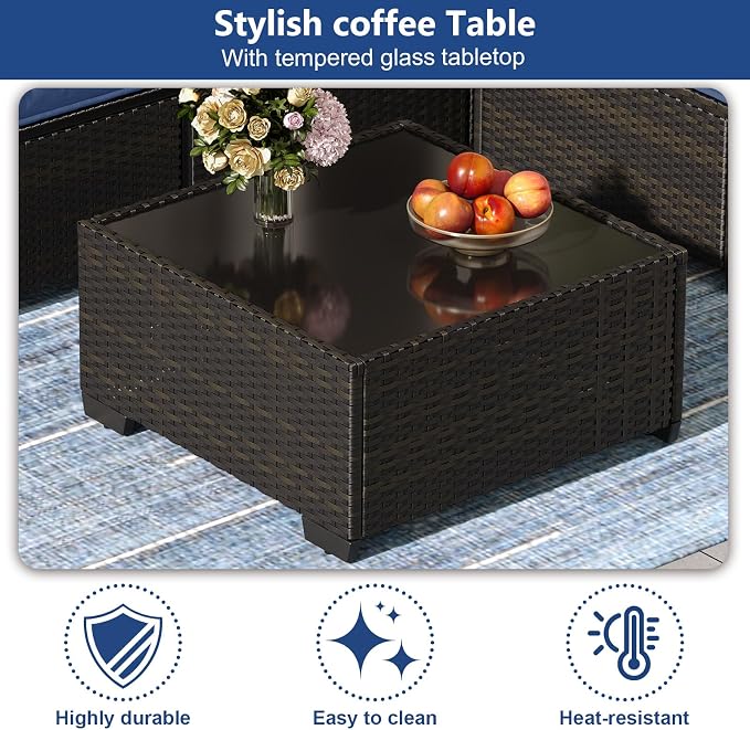 JOYURE 6 Pieces Patio Furniture Set, Outdoor Sofa with Waterproof Cushions, Rattan L Shaped Patio Couch & Coffee Table, Modern Outdoor Furniture for Backyard, Deck, Balcony – Navy