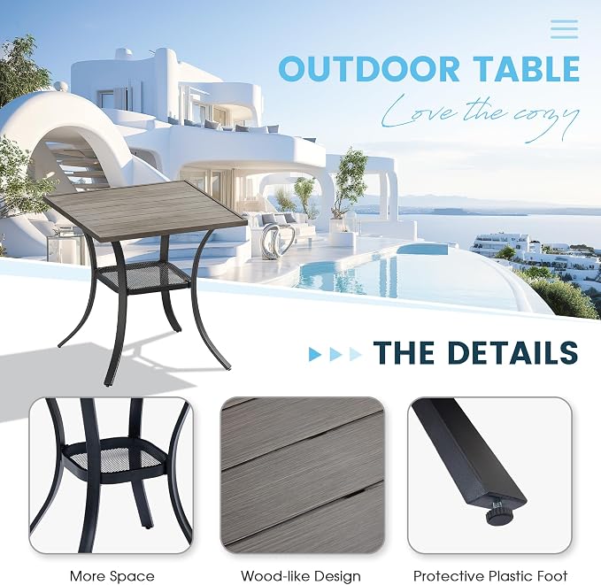 3 Pieces Patio Furniture Dining Set, 2 Textilene Swivel Dining Chairs, 28" Outdoor Square Metal Table with Storage Shelf, Outdoor Dining Set for Porch, Lawn, Garden, Grey/Sand