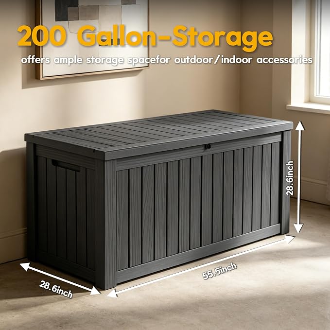 LAUSAINT HOME 200 Gallon Resin Deck Box with Hydraulic Pistons, XXL Waterproof Outdoor Storage Bench for Large Cushions, Lockable Patio Bin for Pool and Garden (Black)