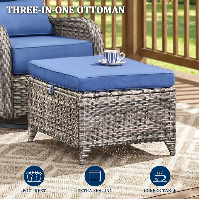 Luxury Swivel Rocker Chair Sofa Set with 6" Thick Cushions,8-Piece Wicker Patio Chair with Coffee Table and Ottoman,Outdoor Comfortable High Back Chair Patio Furniture Set - Gery | Blue