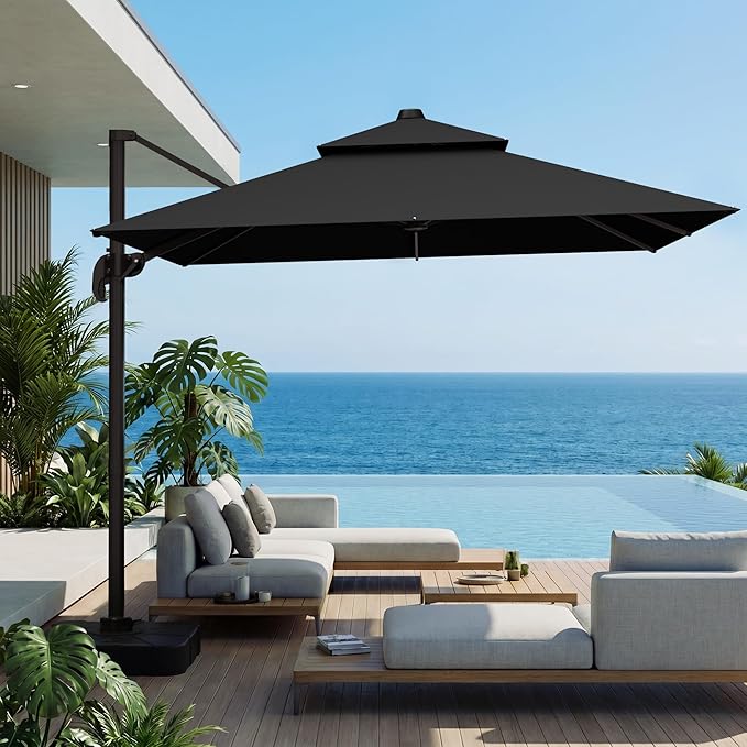 VEGOND 10x10 FT Patio Cantilever Umbrella with Base, Rectangular Heavy Duty Offset Umbrella for 6-8 People, 360°Rotation & Mult Tilt, Double Top Design, for Pool Garden Deck (Black)