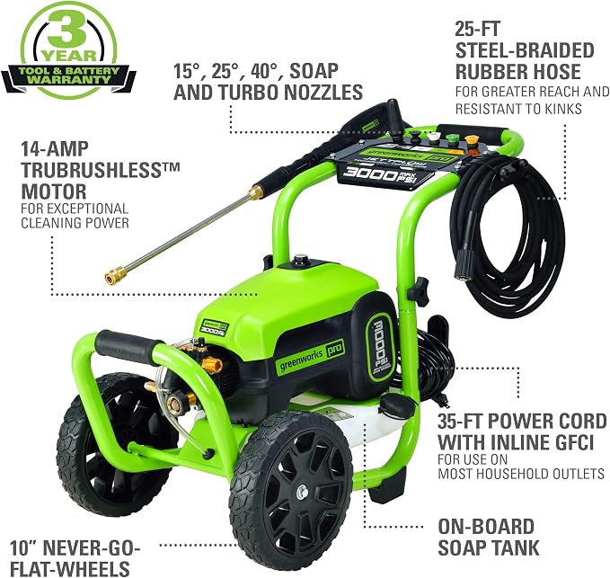Greenworks 3000 PSI Electric Pressure Washer Bundle with 25-Foot Hose