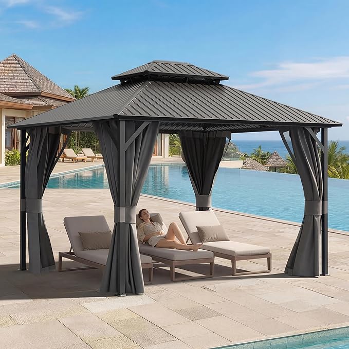 UDPATIO 10'x12' Hardtop Gazebo, Metal Gazebo with Galvanized Steel Double Roof, Permanent Patio Pavilion for Dining Parties, Grey