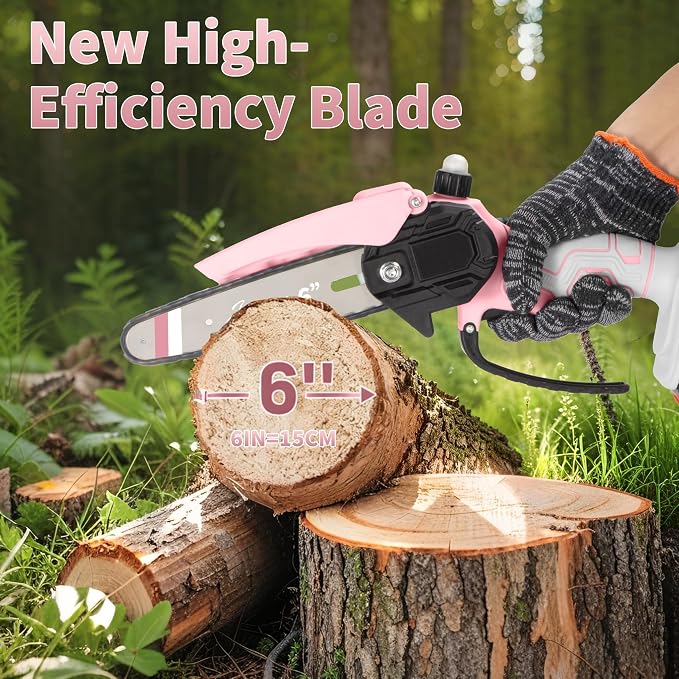 Mini Chainsaw with 2×24V Battery Powered Electric Chain Saw,chain saw are suitable for cutting wood and trimming branches,Mini Chainsaw Cordless With three chains (Pinkish White)