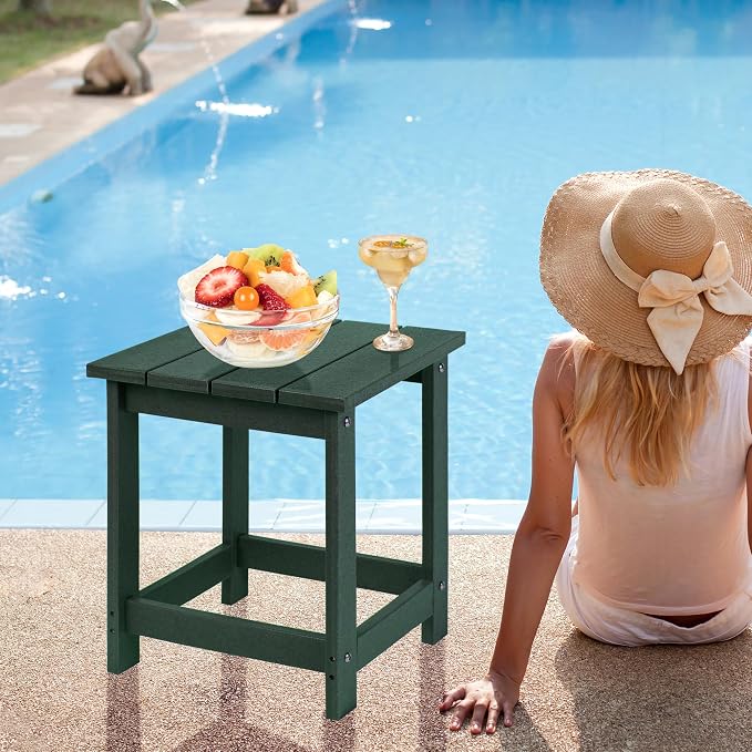 LZRS Patio End Table, Heavy Duty HDPE Outdoor Coffee Table with Wood Texture, Weatherproof Composite Table for Adirondack Chairs, Deck, Pool, Indoor/Outdoor, No Peeling or Cracking(Dark Green)