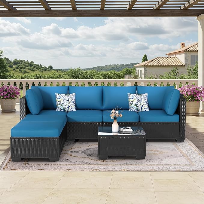 U-MAX 8 Piece Outdoor Patio Furniture Set with 30 Inch Fire Pit Table, PE Rattan Wicker Sofa Set, Outdoor Sectional Furniture Set with Cushions and Tea Table, Black Rattan and Peacock Blue Cushion