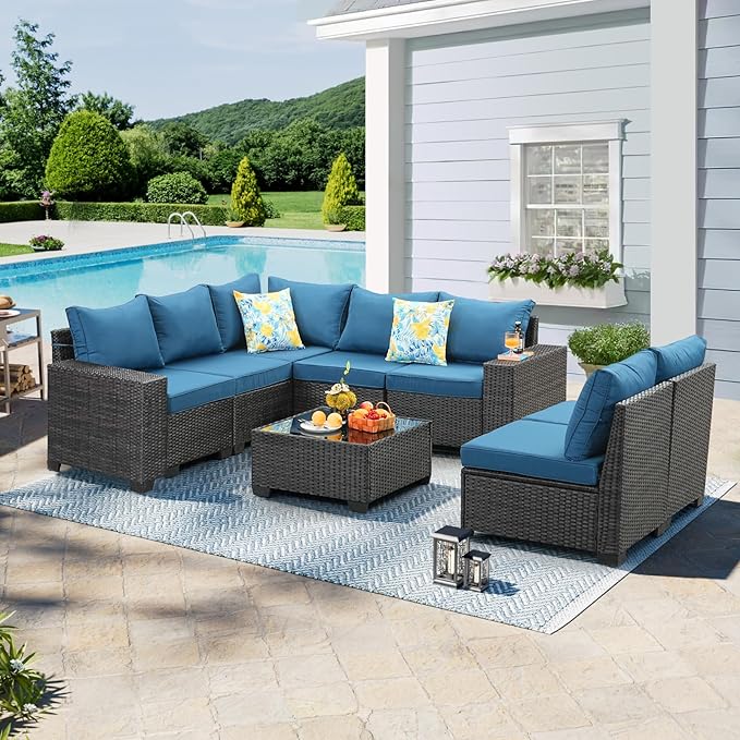 8 Pieces Patio Furniture Set,Wicker PE Rattan Outdoor Sectional with Cushion & Coffee Table, Patio Conversation Sofa for Garden, Backyard, Poolside, Peacock Blue
