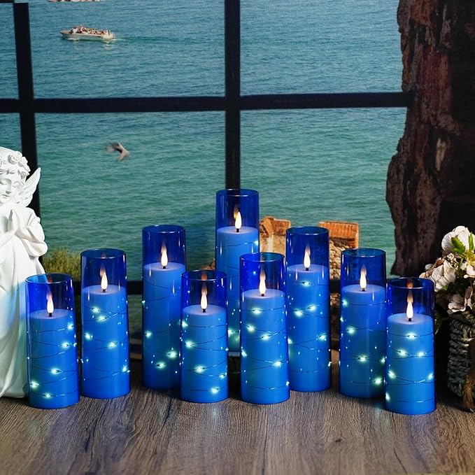 Nimiko Flickering Flameless LED Candles,Battery Operated Candles 9 Pcs with Embedded Star String,Acrylic LED Pillar Candles with Remote,Suitable for Home Decoration to Create an Atmosphere (Blue)