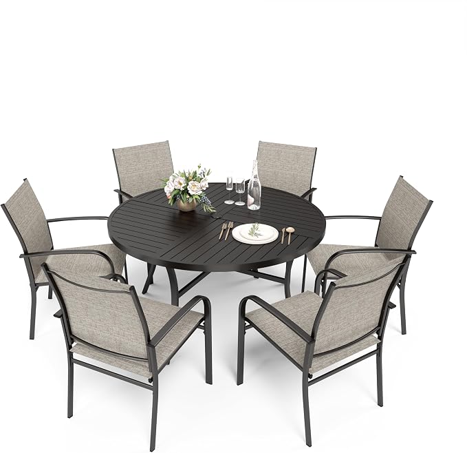 HERA'S HOUSE 7pc Patio Dining Set, 54" Round Table, 6 Brown Chairs | Outdoor metal table with umbrella hole, textilene chairs. Waterproof, rust-resistant, all-weather for backyard, porch