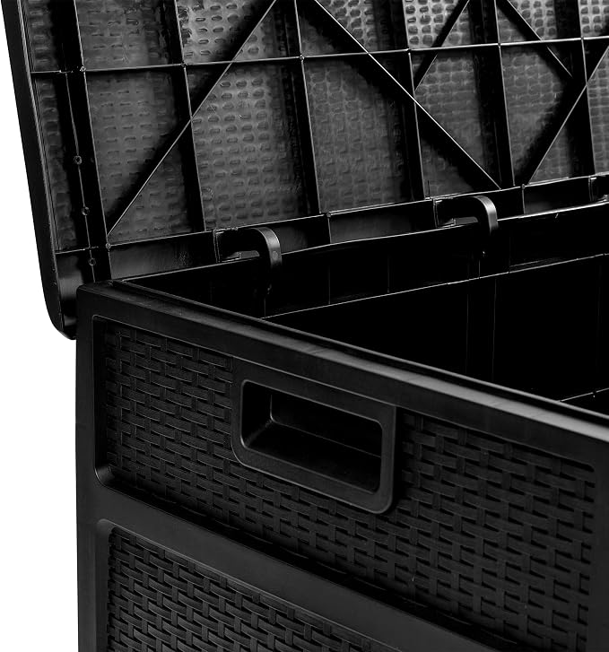 Merrick Lane Outdoor Storage Container - 120 Gallon Capacity - Black Weather Resistant Plastic - UV Treated to Prevent Fading - Chest Design with Hinged Lid