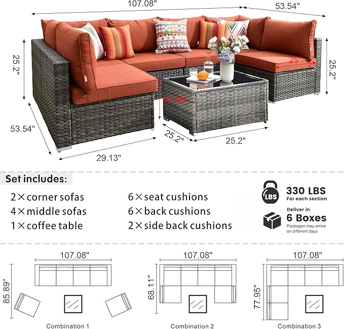 HOOOWOOO Patio Outdoor Sectional Furniture Sofa Set,7 Piece U Shaped Corner Wicker Rattan Couch Set,Rustic 6 Persons Summer Patio Conversation Set for Outside Porch Deck Garden(Orange Red)