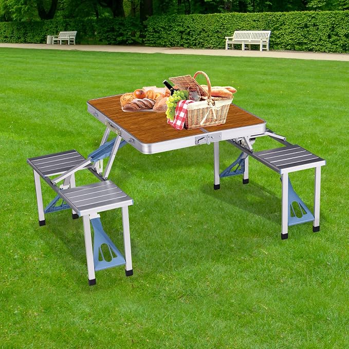 Picnic Table Folding Portable 4-Person Fold Up Travel Camping Table for Indoor, Outdoor Travel, Patio, Lawn, Garden (Bamboo Table)