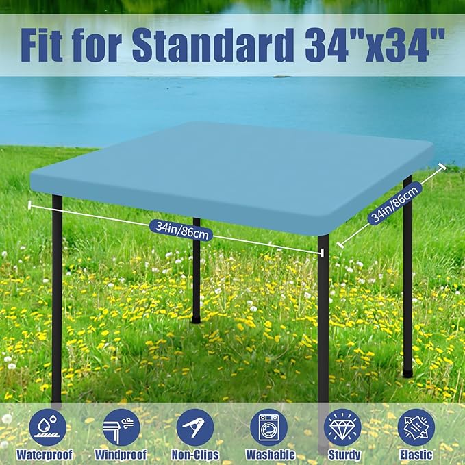 Moosfor Spandex Picnic Table Cloth 2 Pack, Elastic Fitted Tablecloths for Square Tables, Stretch Washable Patio Table Cover for Outdoor, Camping, Banquet and Parties (Blue Mist, 34"x34")