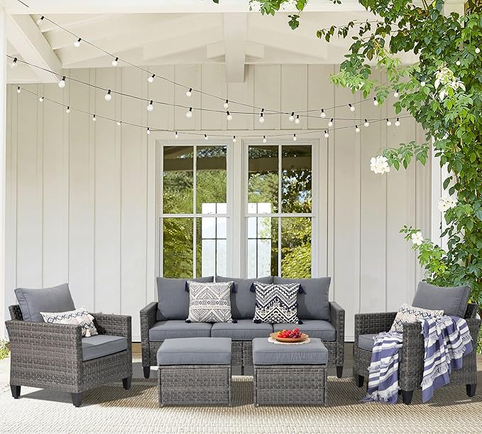 SUNSITT Outdoor Patio Furniture Set 5 Piece Wicker Conversation Set with Ottoman 3 Seat Sofa Couch with Club Chair, Grey Wicker & Grey Cushion