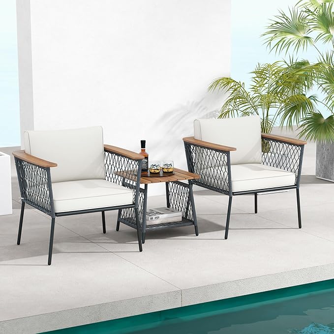 Tangkula 3 Piece Patio Furniture Set, Rattan Chair Set w/ 2-Tier Coffee Table, Acacia Wood Armrests & Tabletop, Soft Seat & Back Cushions, Outdoor Wicker Conversation Set (Off White+Grey)