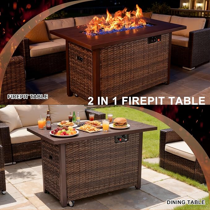 9 Piece Patio Furniture Set with 42" Fire Pit Table, Outdoor Wicker Rattan Sectional Sofa Set, Patio Conversation Set with Thickened Cushions, Red
