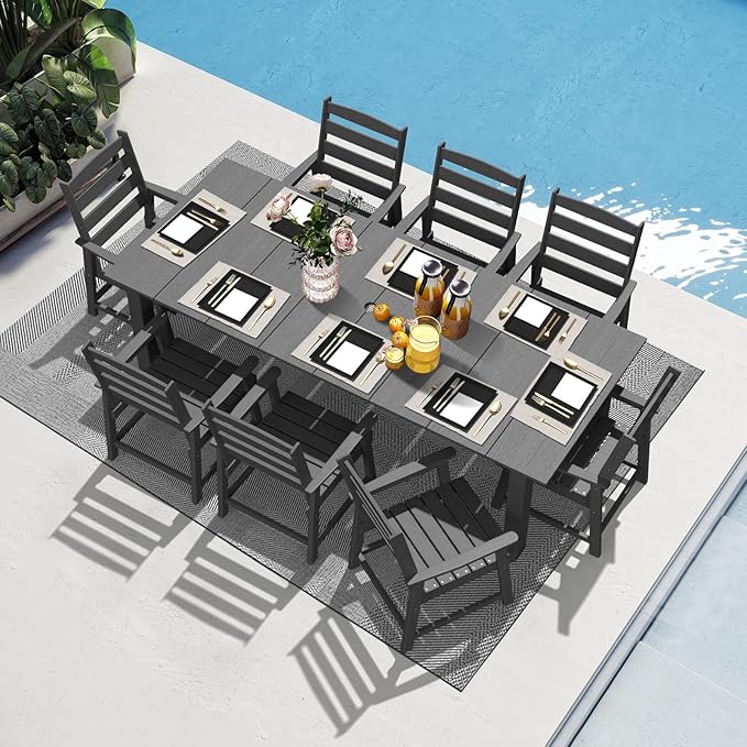 LOUNZY 9 Pieces Patio Dining Sets, 90'' Table Outdoor HDPE Furniture Set w/ 2" Hole Cut-Out Dining Table with 8 Patio Chairs for Lawn, Pool and Yard, Gray