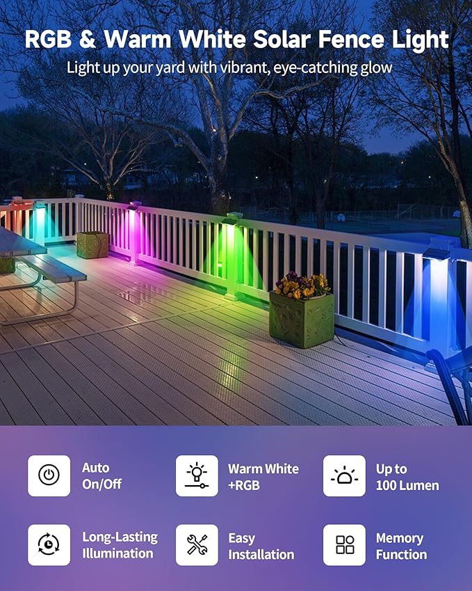 Solar Fence Lights 16 Pack, Outdoor IP65 Waterproof LED, RGB Fence Lights Solar Powered 7 Colors, for Wall, Patio, Deck, Backyard, Garden, Pool, Railing