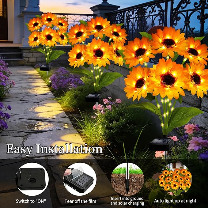 Solar Garden Lights Outdoor, 4 Pack Solar Sunflower Lights with 18 Head 3.4 Inch Flowers, Waterproof Flowers Light Fall Decor Auto ON/Off for Garden Yard Patio Backyard, Gifts for Mom Women