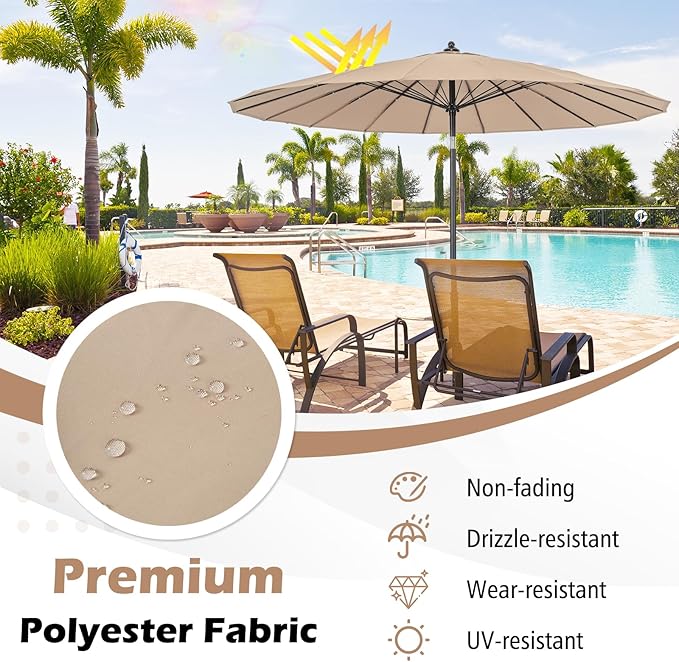 Tangkula 9FT Round Patio Umbrella, Outdoor Market Umbrella with 18 Fiberglass Ribs, Push Button Tilt, Crank, Fade-resistant Canopy & Ventilation, Aluminum Table Umbrella for Backyard, Pool (Tan)