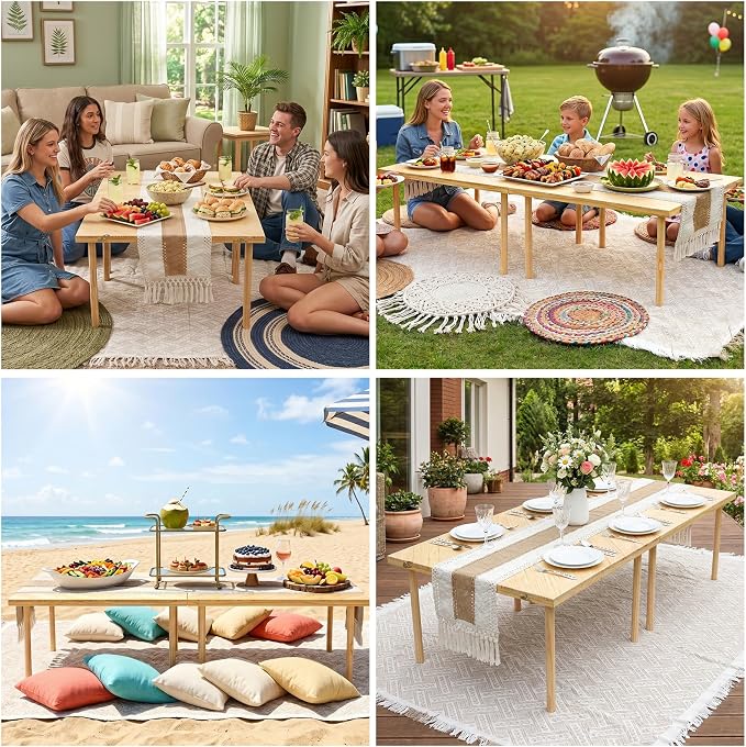 Upgraded Large Low Wooden Folding Picnic Table with 8-Legs, Thick Varnished Tabletop, 60"×30" Portable Boho Beach Table with Table Runner for Yard, Indoor & Outdoor, Camping (Diagonal)